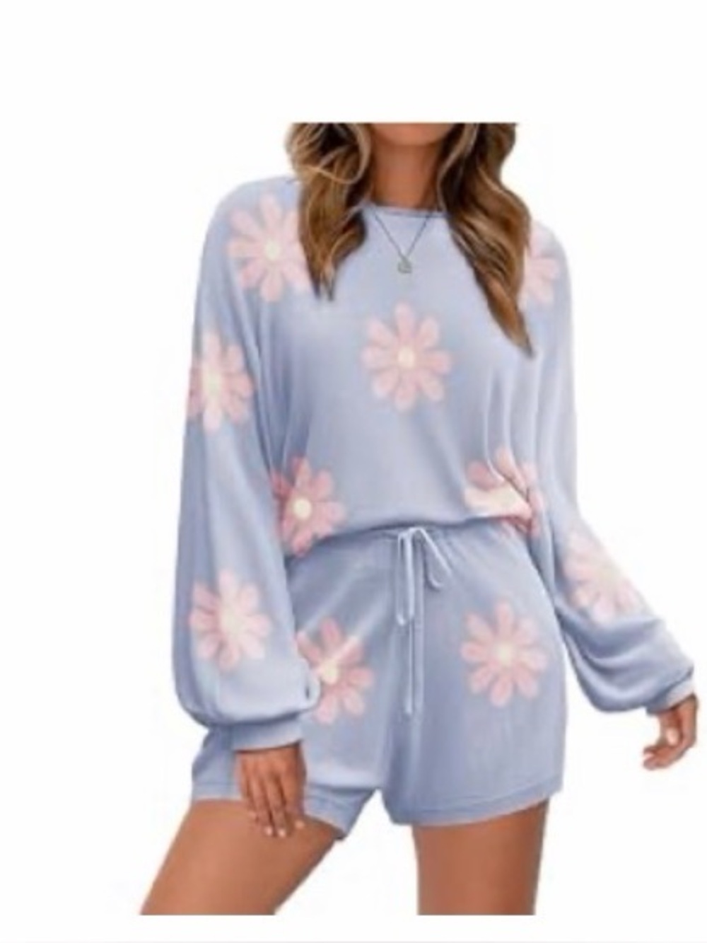 Women’s Light Blue Daisy Knit Sweatshirt & Shorts Set - Cozy Casual